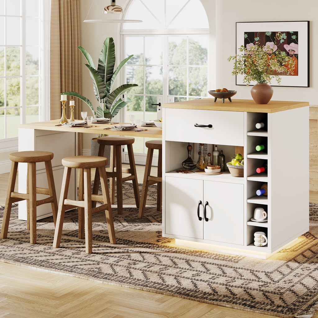 Extendable Kitchen Island with Dining Table, Multifunctional Storage Cabinet with Drawers, Doors, Wine Rack & LED Light, for Kitchen & Dining Room