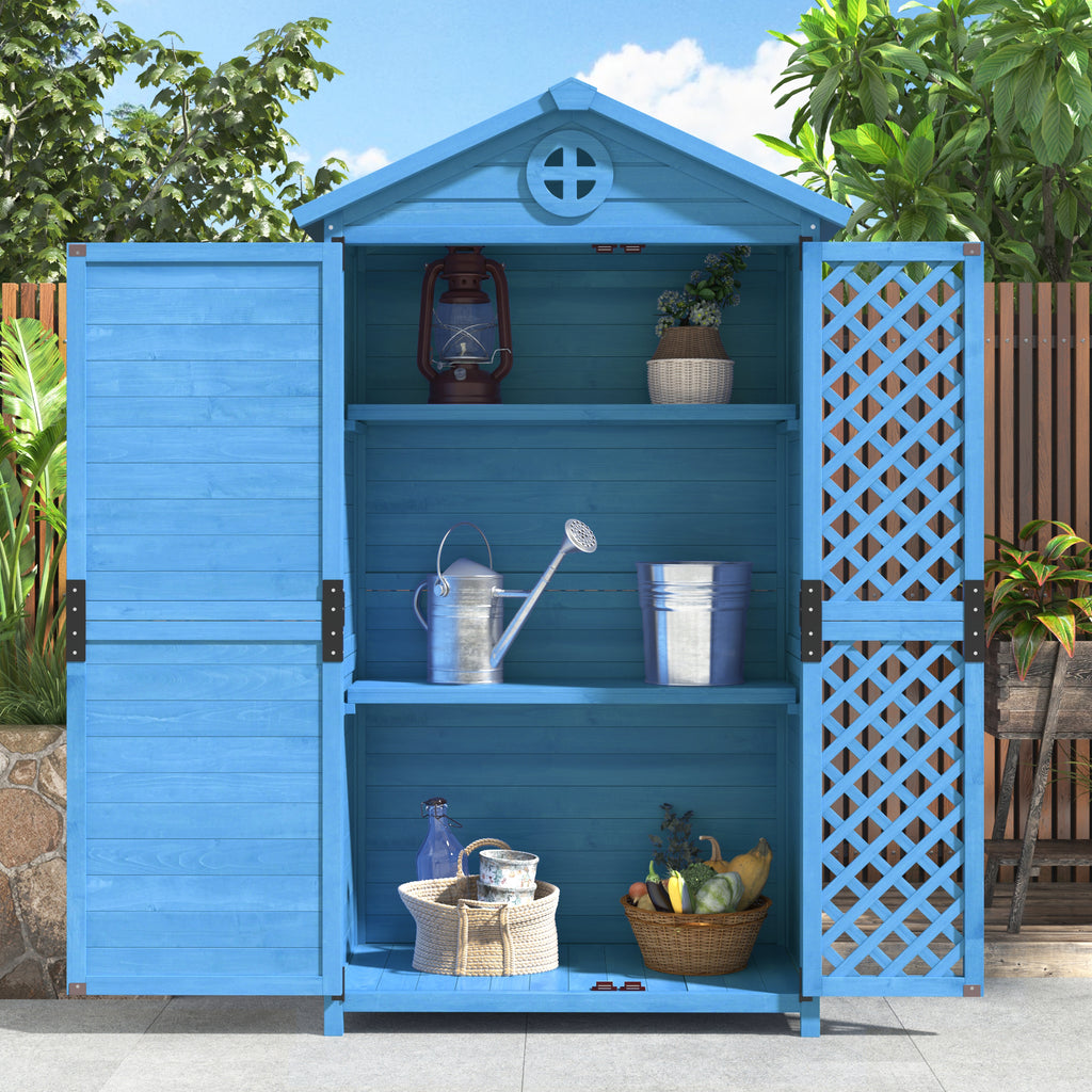 Outdoor Wood Garden Furniture Storage Shed, Tool House with Ventilation Slots for Backyard, Patio, Fade Free, All Weather Resistant, Safe and Secure, Zero Maintenance, Blue