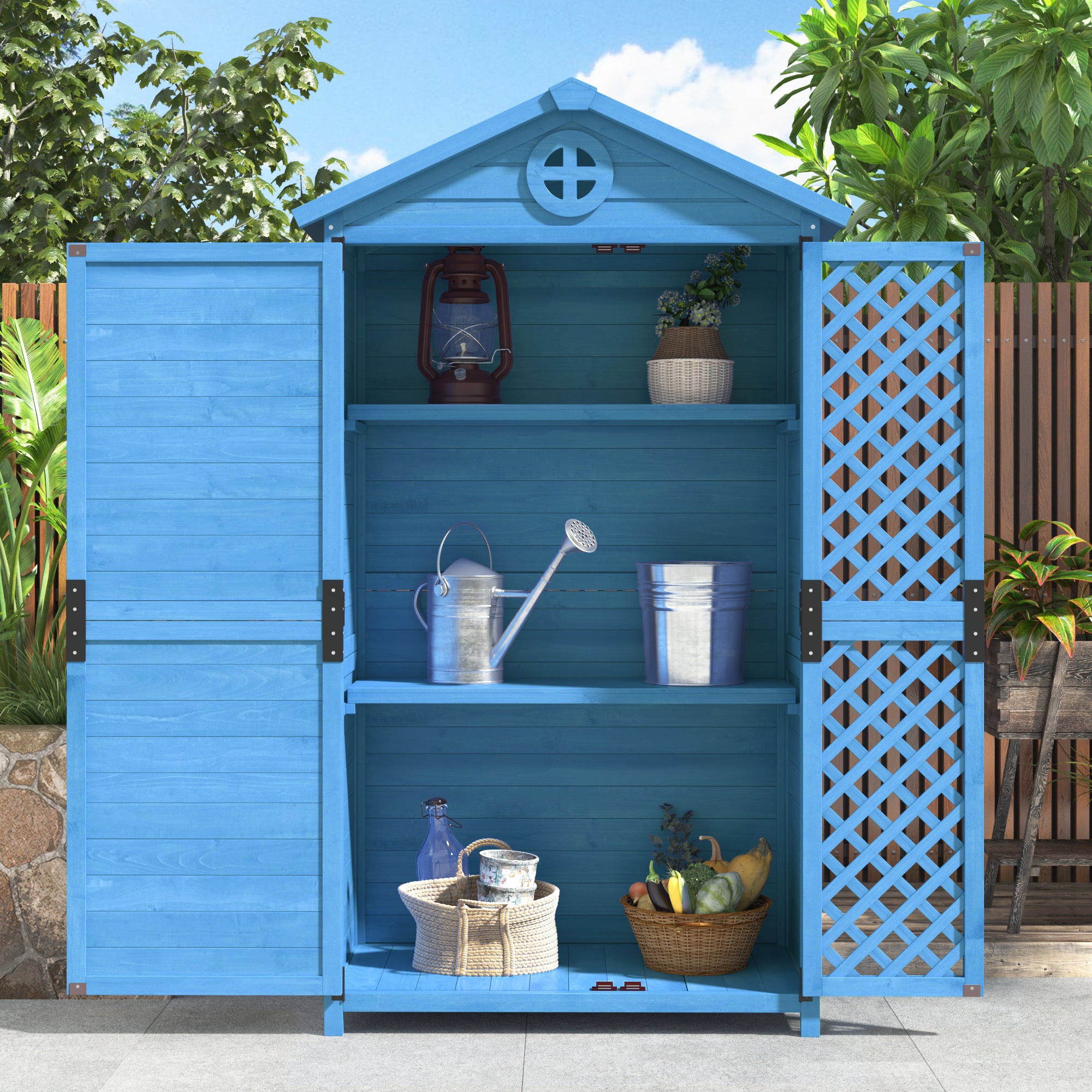 Outdoor Wood Garden Furniture Storage Shed, Tool House with Ventilation Slots for Backyard, Patio, Fade Free, All Weather Resistant, Safe and Secure, Zero Maintenance, Blue