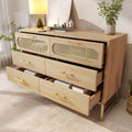 Rattan Sideboard Storage Cabinet with 6 Drawers,  Cupboard Sideboards for Living Room, Bedroom, and Hallway, Metal Handles, Anti-Tip, 120 x 40 x 74 cm, Oak