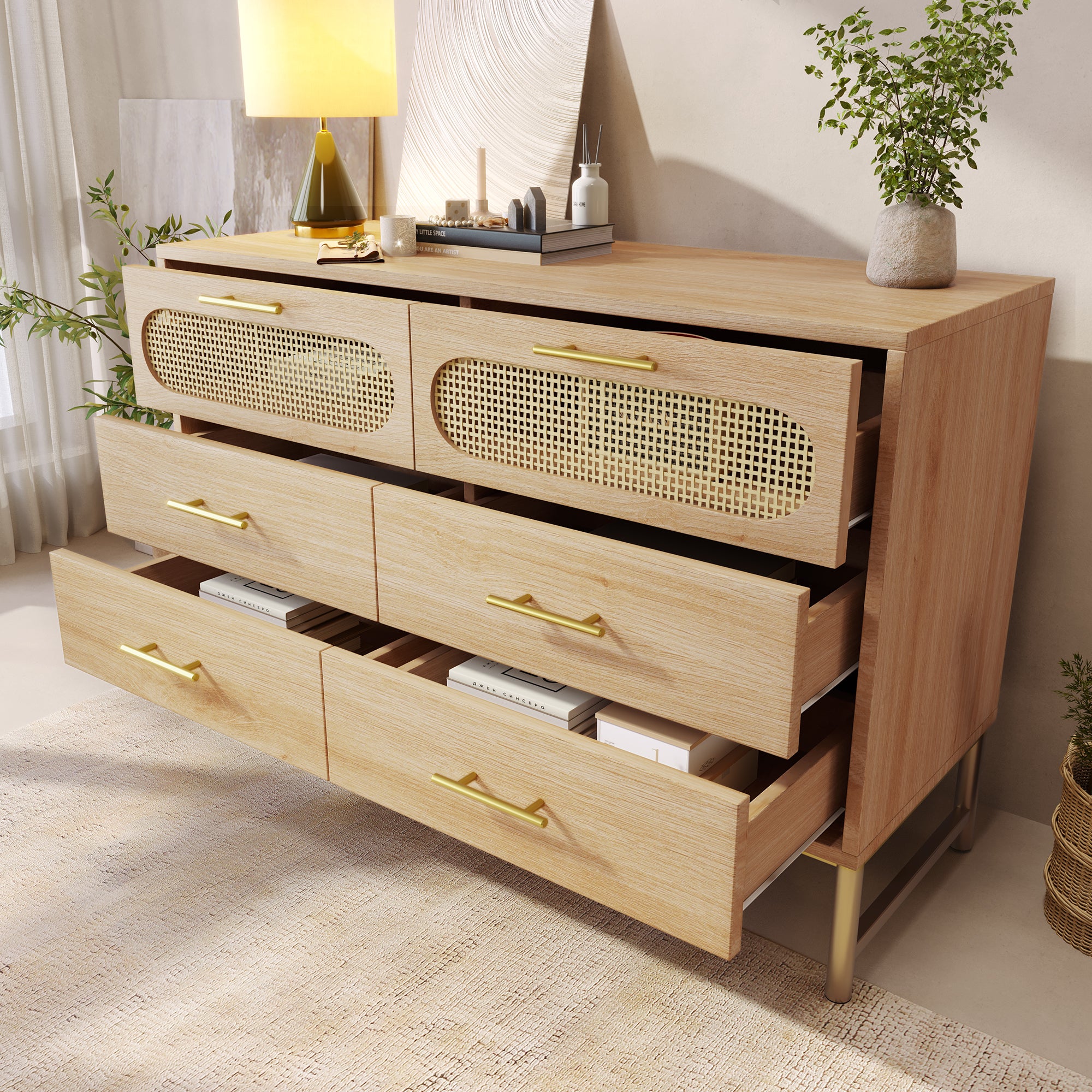 Rattan Sideboard Storage Cabinet with 6 Drawers,  Cupboard Sideboards for Living Room, Bedroom, and Hallway, Metal Handles, Anti-Tip, 120 x 40 x 74 cm, Oak