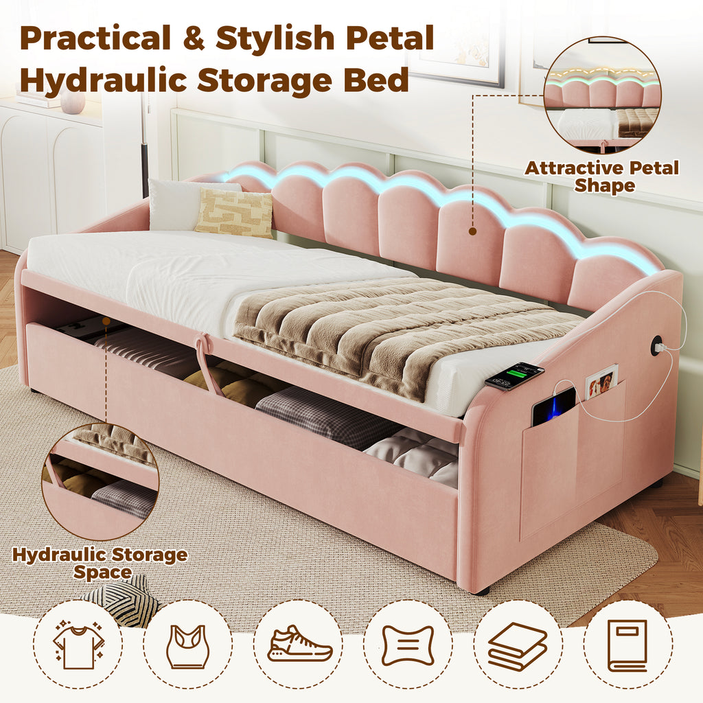 Upholstered Bed 90x190cm, Daybed, RGB LED Sofa Bed with Charging Station, 3ft Petal Shape Single Bed with Hydraulic Storage for Living Room/ Bedroom/ Study Room, Velvet, Pink (No Mattress)