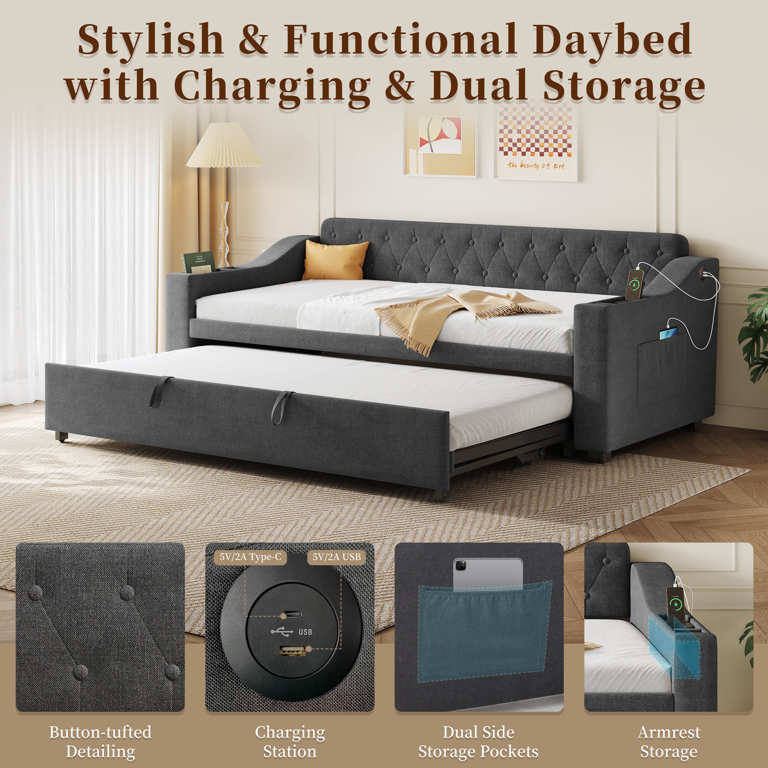 Upholstered Bed 90x190cm, Daybed, Sofa Bed with Charging Station, 3ft Single Linen Daybed with Armrest Storage. Pull out Trundle Bed for Living Room/ Bedroom/ Study Room, Grey (No Mattress)