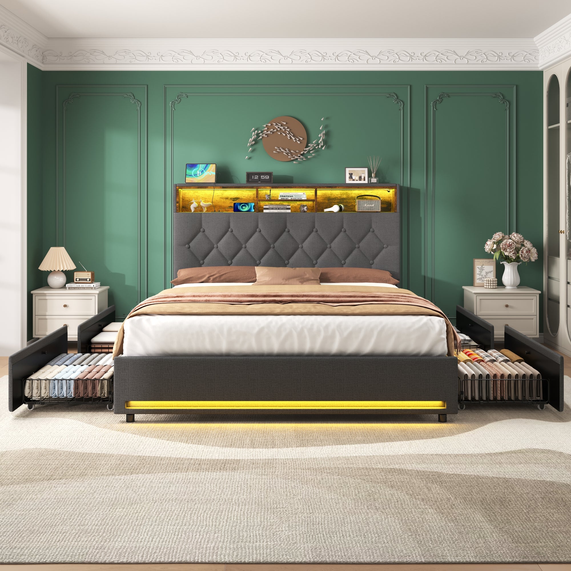 Double Bed with 4 Storage Drawers, Bed Frame with Concealed Headboard Storage, Button Tufted Headboard with RGB LED Lighting and Charging Station, Linen, Grey(No Mattress)