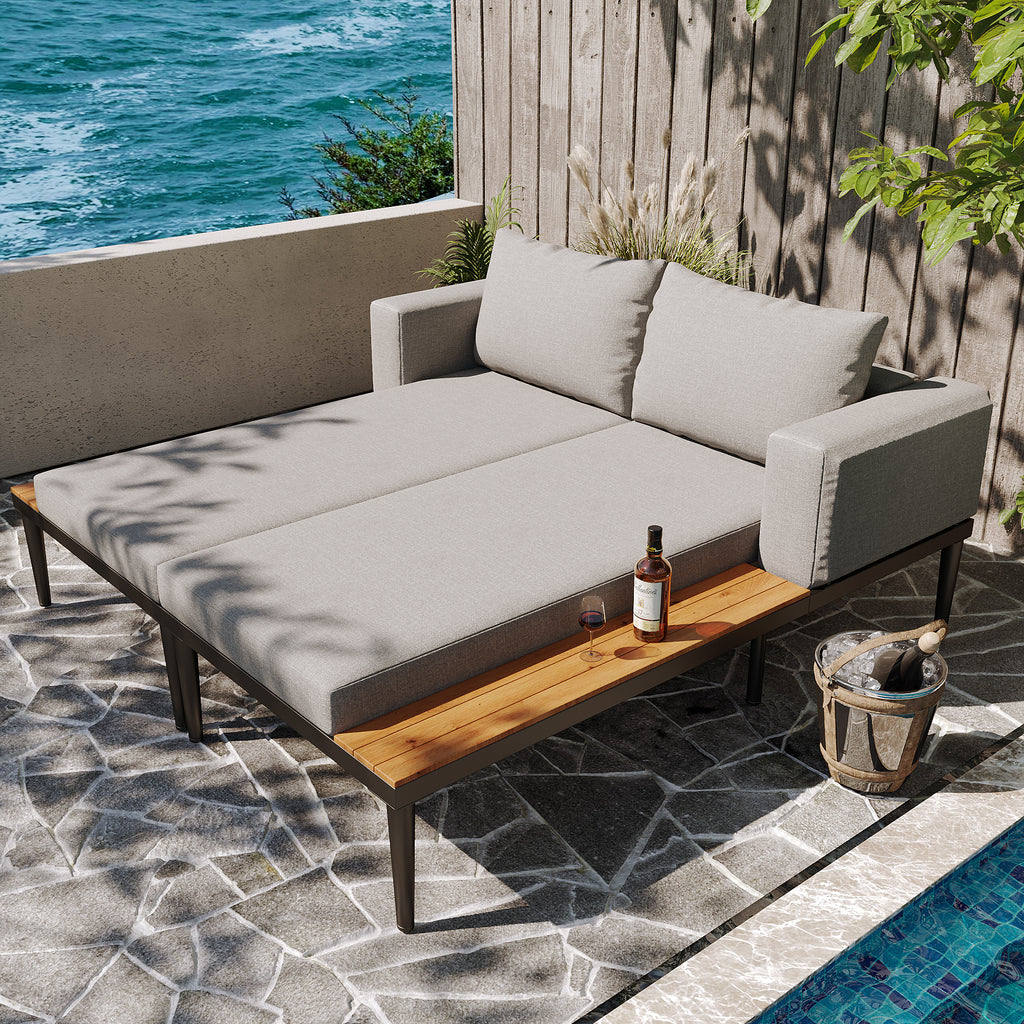 Modular Outdoor Double Chaise Lounge with Wooden Side Panels, Waterproof Cushions, Sturdy Iron Frame, for Patio & Poolside