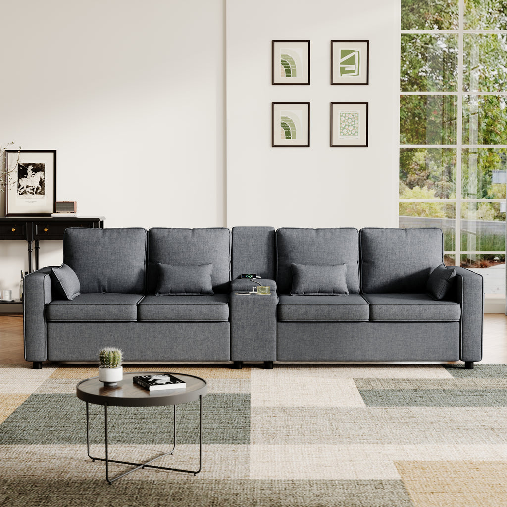 4-Seater Modern Sofa with Storage Console, Minimalist Style Couch with Side Pockets, Cup Holders and Charging Ports (USB & Type-C), for Living Room, Apartment, Office,Grey, Linen Fabric