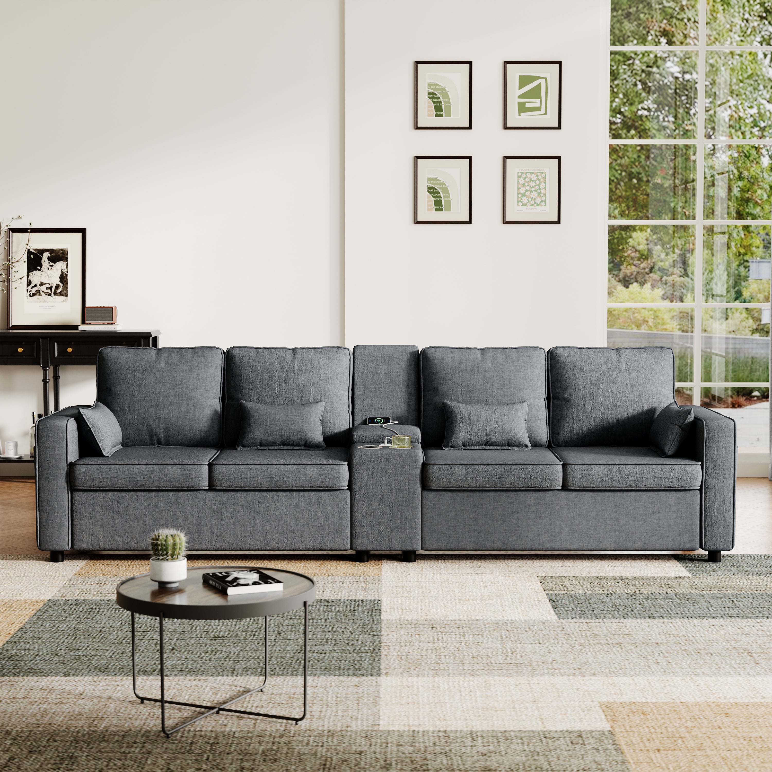 4-Seater Modern Sofa with Storage Console, Minimalist Style Couch with Side Pockets, Cup Holders and Charging Ports (USB & Type-C), for Living Room, Apartment, Office,Grey, Linen Fabric