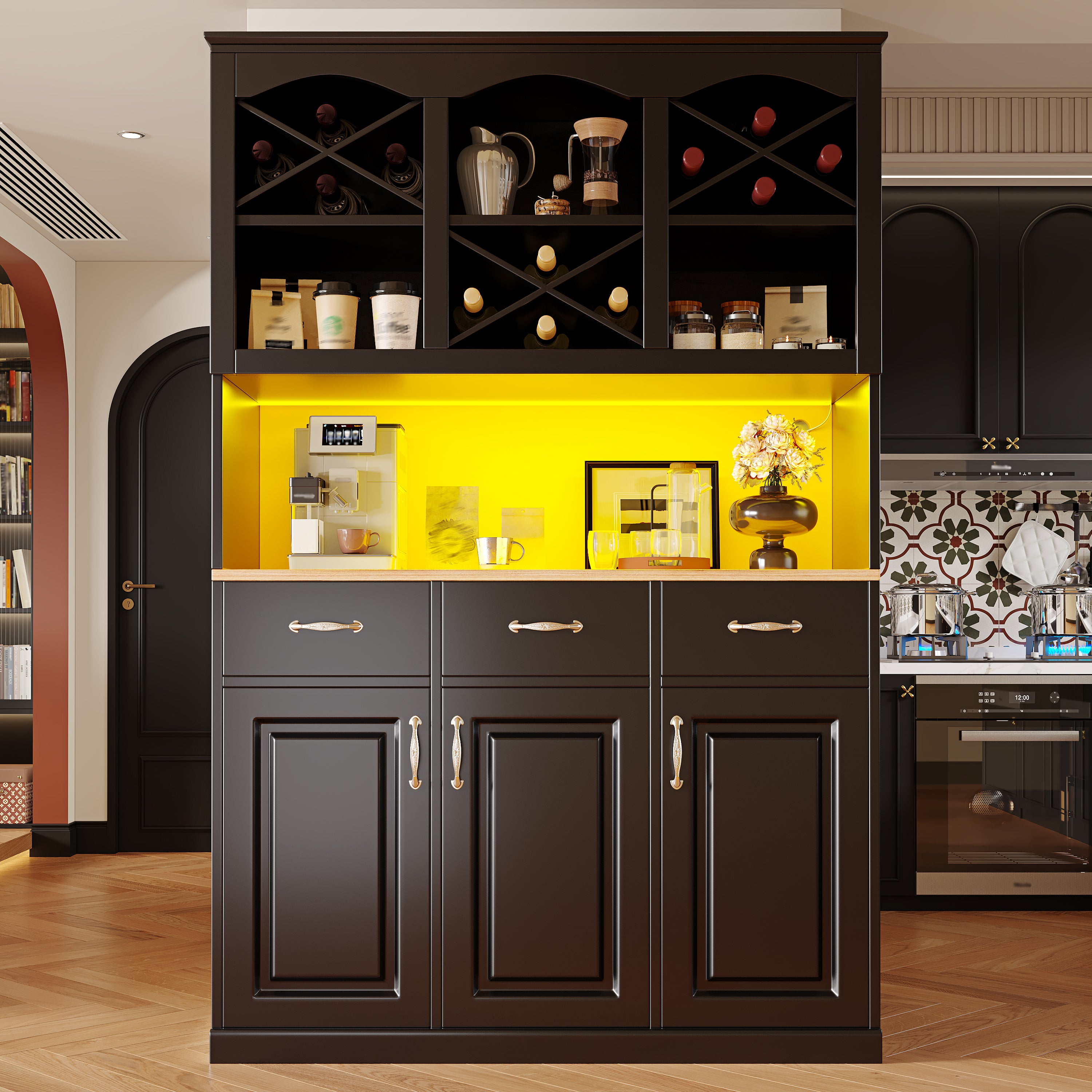 Kitchen cabinet (120 × 40 × 180 cm), tall kitchen buffet, multi-purpose buffet, snack cabinet, storage furniture with three doors, three drawers and LED lighting, black