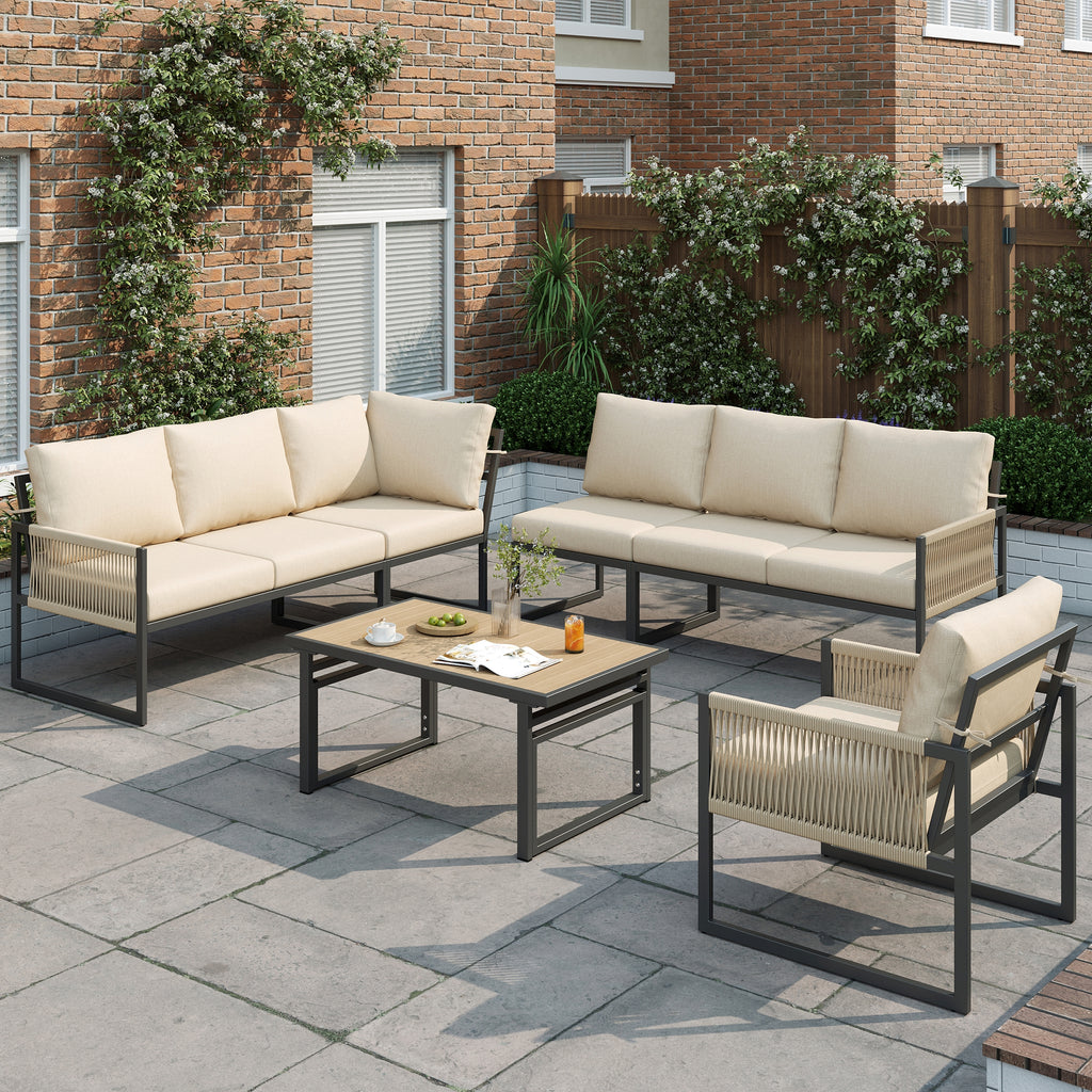 6-7 Seater Garden Furniture Set with Height Adjustable Rising Coffee Table, Corner Sofa with Polyester Rope, Weatherproof Outdoor Patio Dining Lounge Set for Balcony and Terrace, Beige