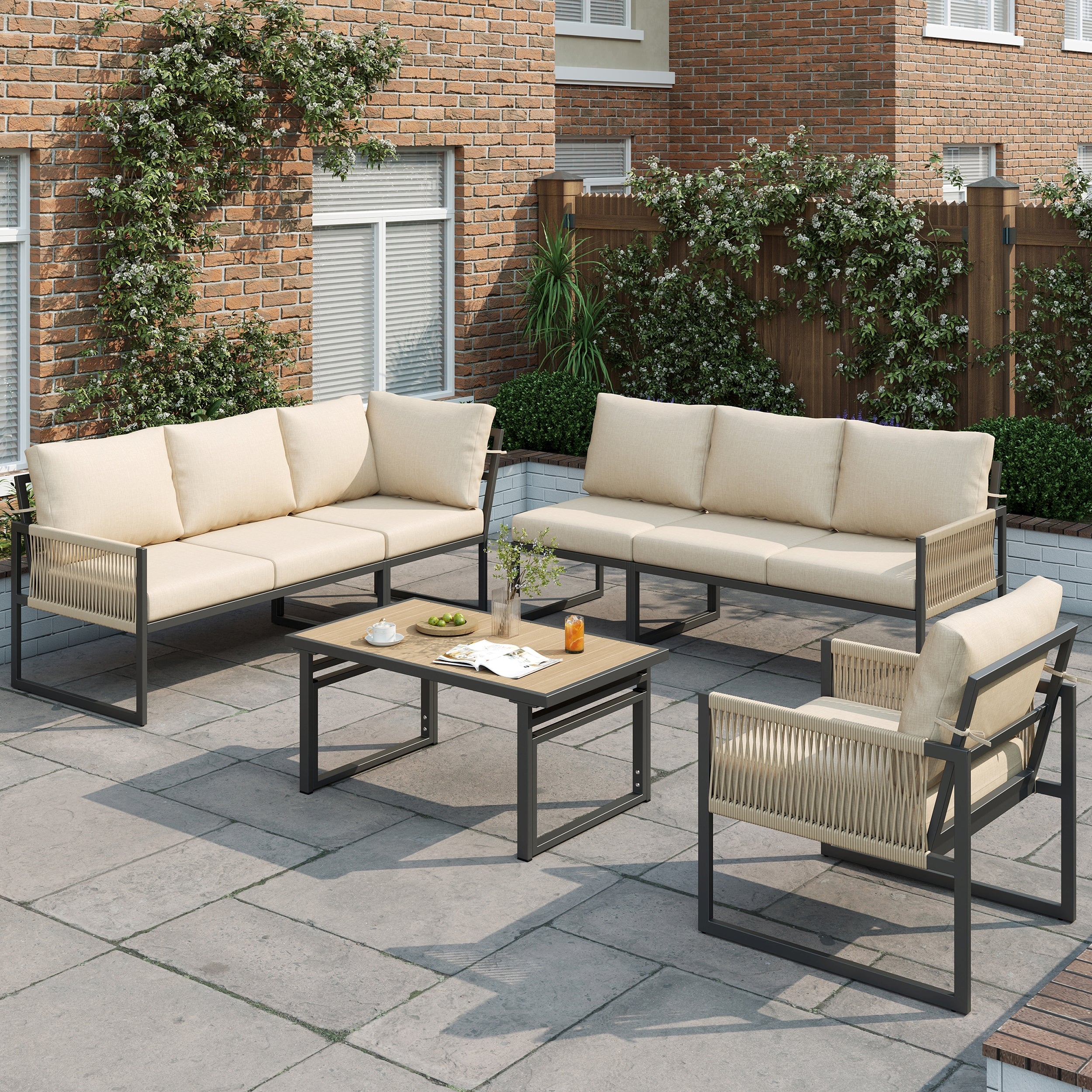 6-7 Seater Garden Furniture Set with Height Adjustable Rising Coffee Table, Corner Sofa with Polyester Rope, Weatherproof Outdoor Patio Dining Lounge Set for Balcony and Terrace, Beige