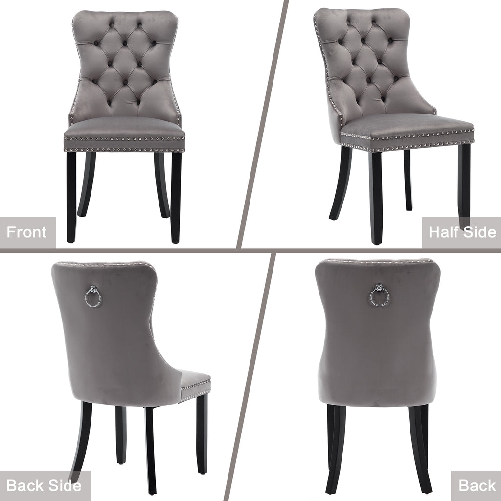 Modern Set of 2 Upholstered Velvet Dining Chairs, Button Tufted Kitchen Lounge Chairs with Solid Wood Legs, Riveted Trim and Knocker Ring, for Dining Room Living Room, Grey