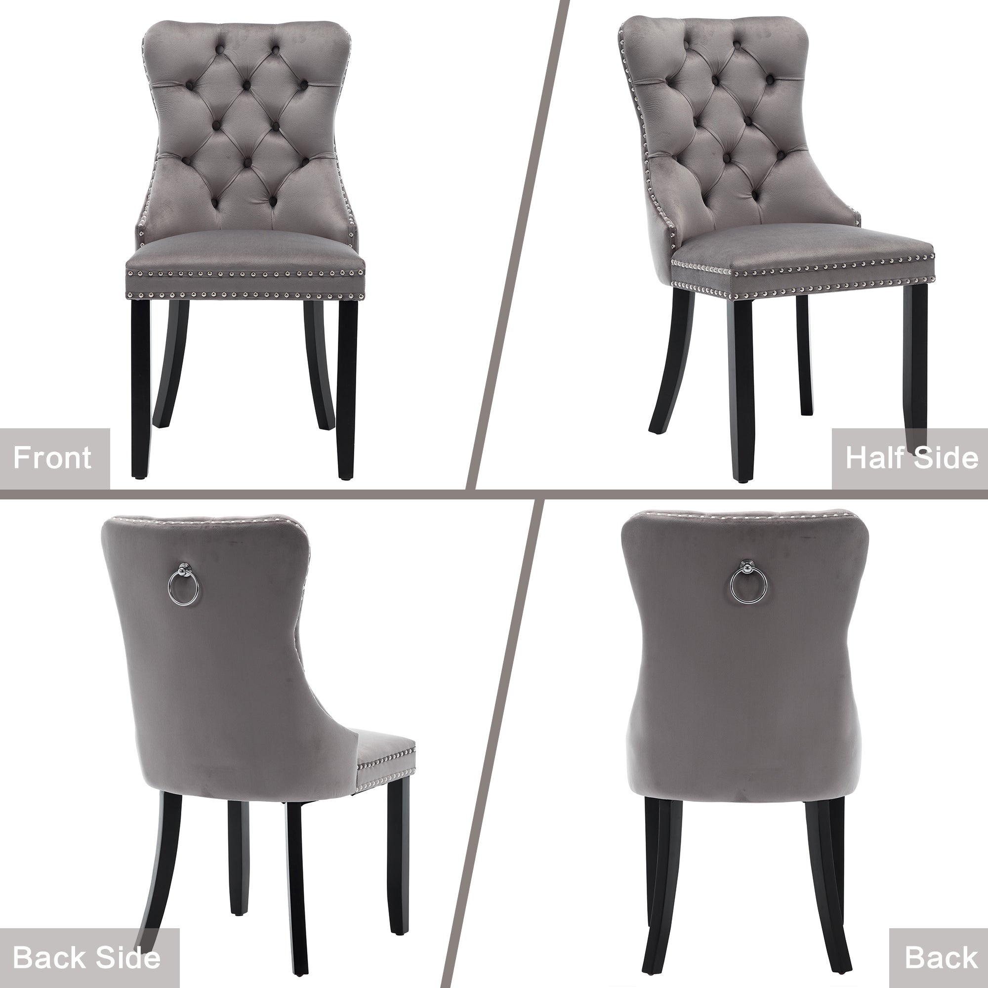 Modern Set of 2 Upholstered Velvet Dining Chairs, Button Tufted Kitchen Lounge Chairs with Solid Wood Legs, Riveted Trim and Knocker Ring, for Dining Room Living Room, Grey