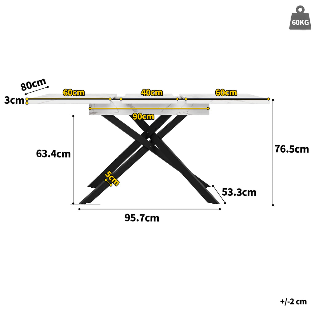 Dining table Telescopic table (120–160 cm), extendable dining table, space-saving kitchen table, black crossed iron legs, for kitchen and living room, white marbled dining table