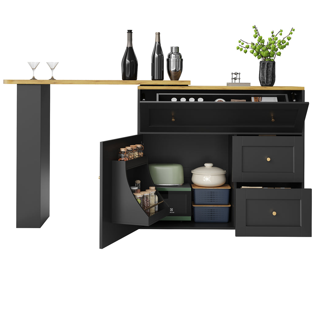 Extendable bar table with storage space (138-204×39×105cm), kitchen cabinet, sideboard with snack shelf, telescopic bar table, high table, bistro table, high table, kitchen island, black