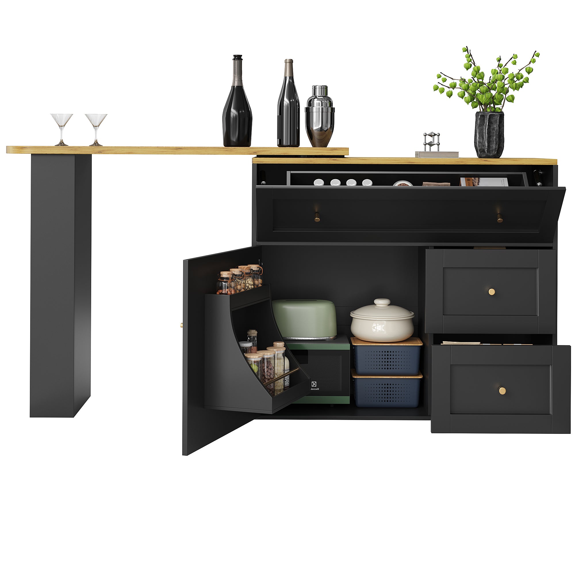 Extendable bar table with storage space (138-204×39×105cm), kitchen cabinet, sideboard with snack shelf, telescopic bar table, high table, bistro table, high table, kitchen island, black