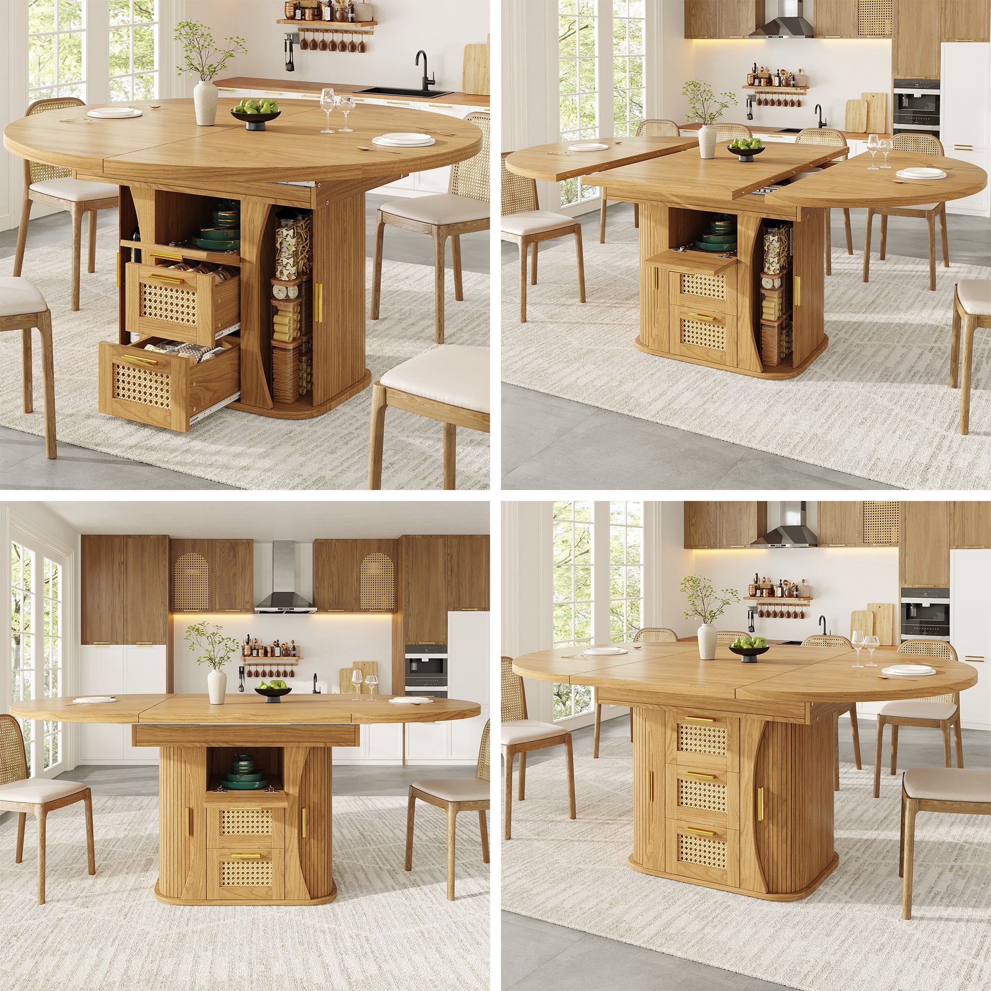 Extendable dining table with storage, 118–158cm table with rattan drawers, MDF wood look, black / natural wood / oak look