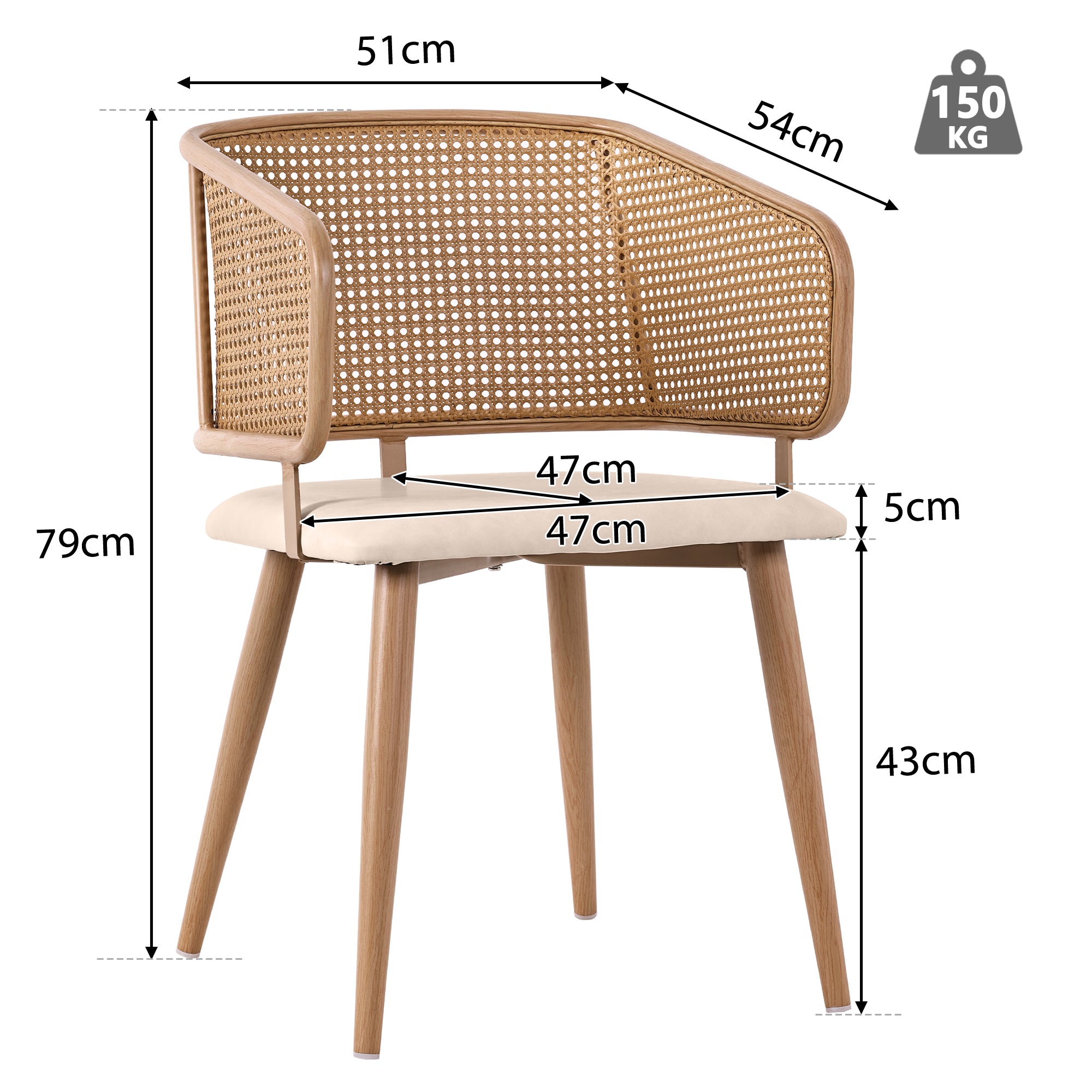 Modern Dining Chairs (6 pcs) with Rattan Backrest & PU Leather Seat, Breathable and Comfortable Dining Chairs for Restaurant, Living Room, Café , Contemporary Simple Style, Beige
