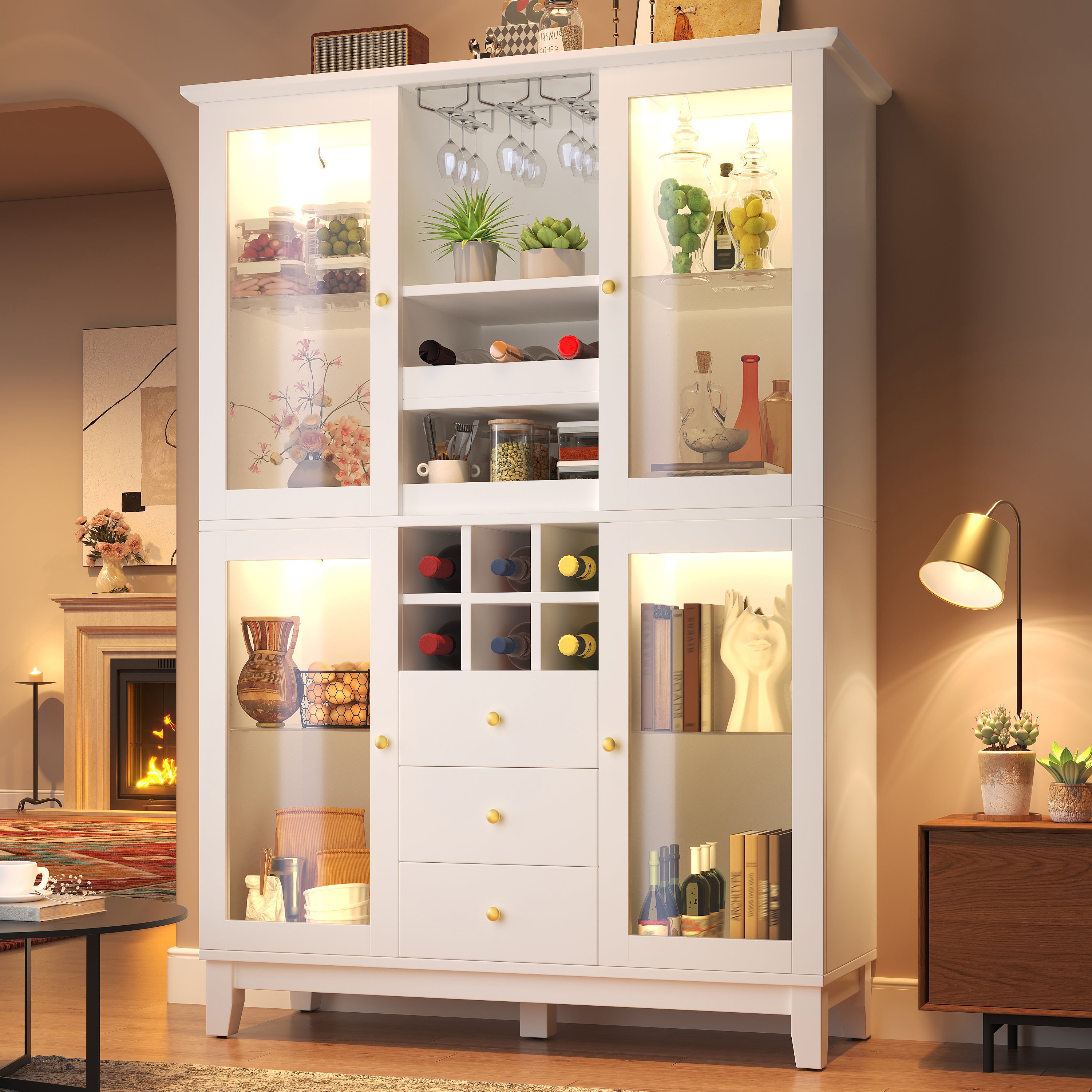 Wine Cabinet with App-Controlled LED Lights, 180.5cm Tall Storage Cabinet with Glass Doors, 3 Drawers, Wine Rack & Glass Holder, White