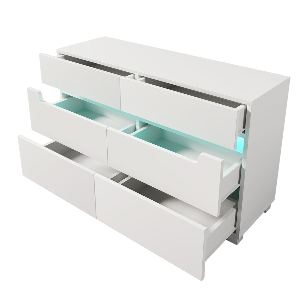 Sideboard Cabinet Dresser with 6 Drawers,Storage with RGB LED(App Control), Sideboard with Cut-out Handles, 6-drawers Chest of Drawers, 71 x 120 x 40 cm, White