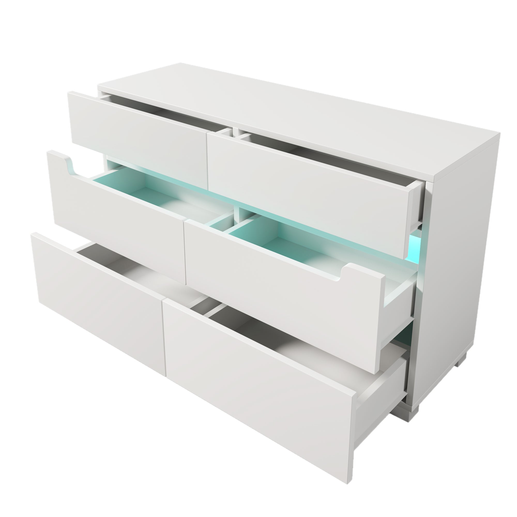 Sideboard Cabinet Dresser with 6 Drawers,Storage with RGB LED(App Control), Sideboard with Cut-out Handles, 6-drawers Chest of Drawers, 71 x 120 x 40 cm, White