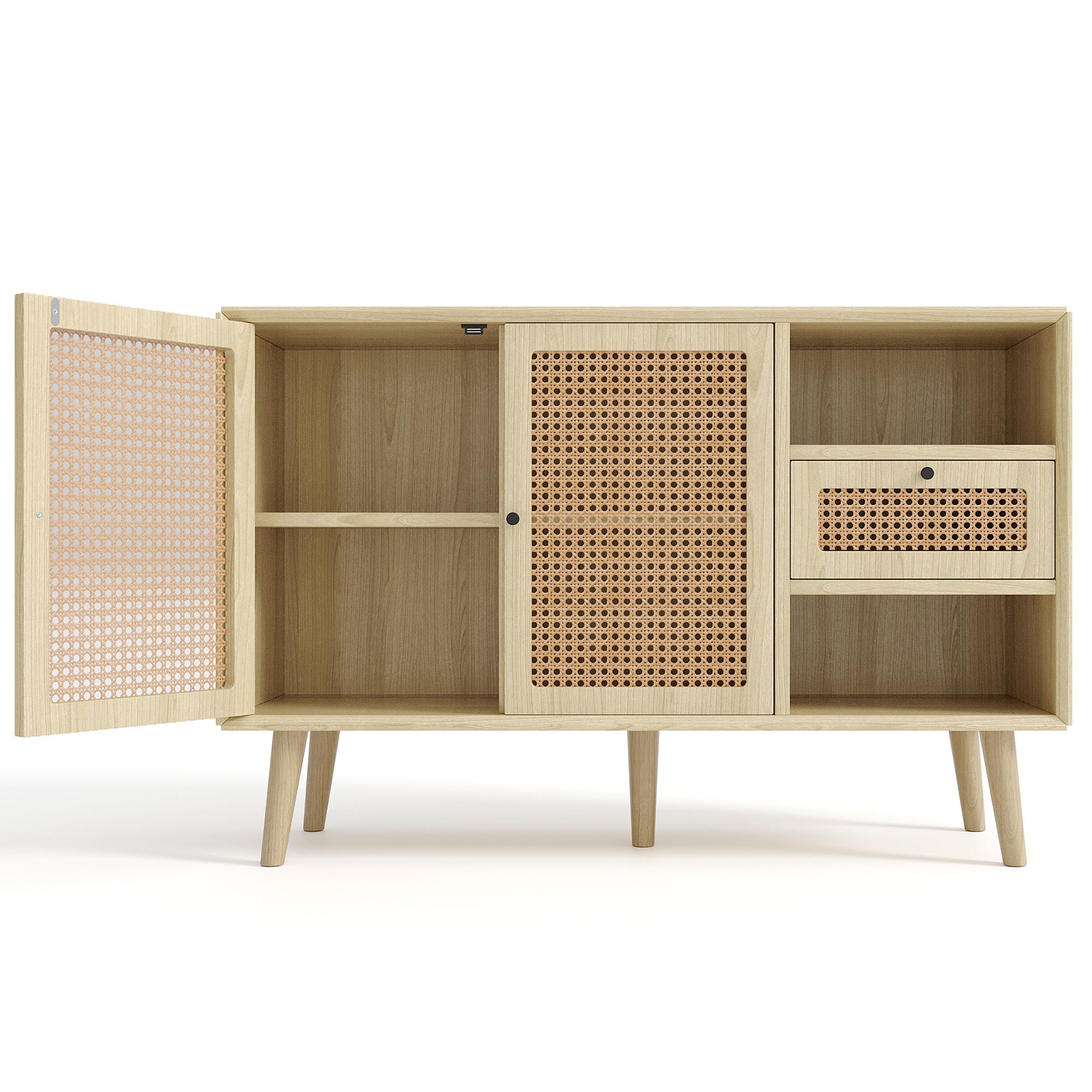 Modern simple sideboard 120*40*80cm, light-colored wooden woven door design, with drawers and unique legs, creating a warm and comfortable home atmosphere