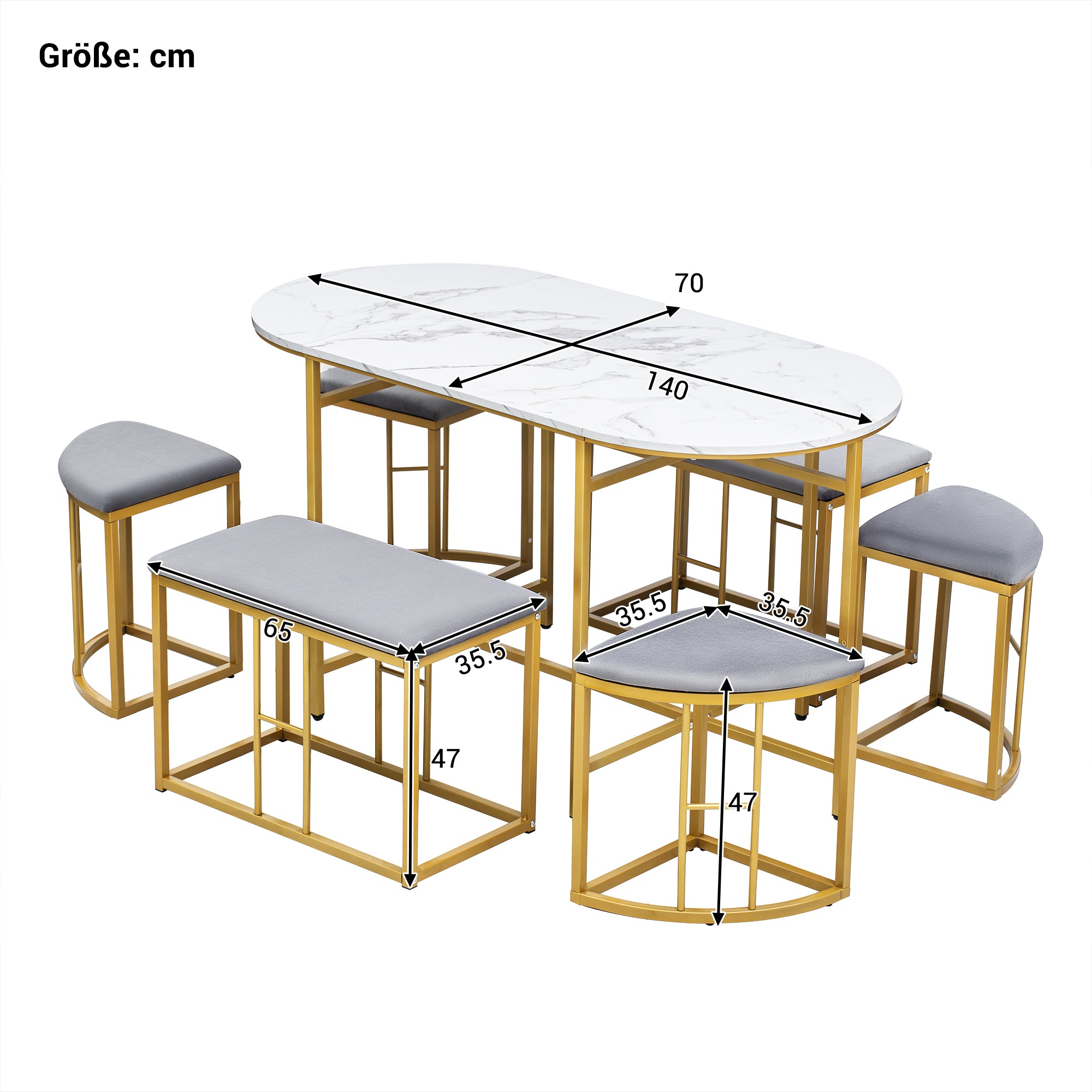 Dining group, (set, with dining table, 4 small stools and 2 large stools), kitchen dining table set made of steel frame, modern white and gold, 140*70*76cm, load capacity 120 kg