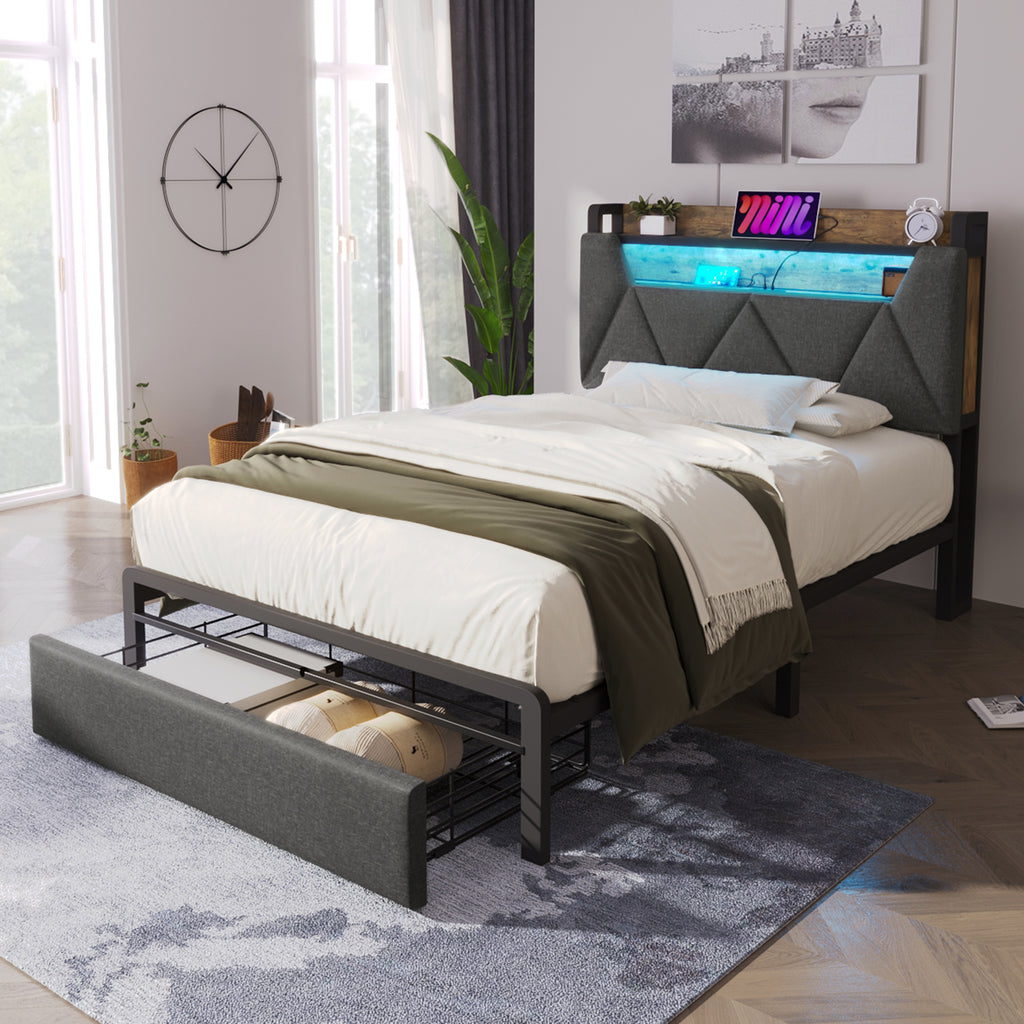 Upholstered Single Bed with LED Lighting, USB Type-C Charging Function, Storage Headboard and Drawers,  3ft Single Bed 90 x 190 cm, Storage Bed Frame with Metal Slatted Frame,Linen, Grey(No Mattress)