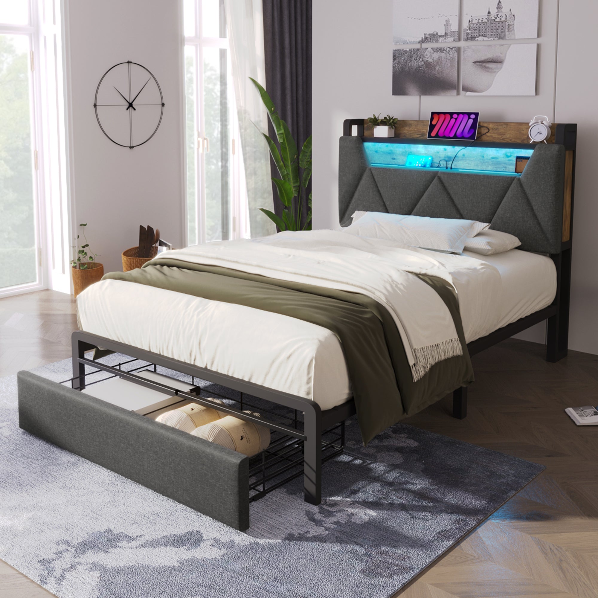 Upholstered Single Bed with LED Lighting, USB Type-C Charging Function, Storage Headboard and Drawers,  3ft Single Bed 90 x 190 cm, Storage Bed Frame with Metal Slatted Frame,Linen, Grey(No Mattress)