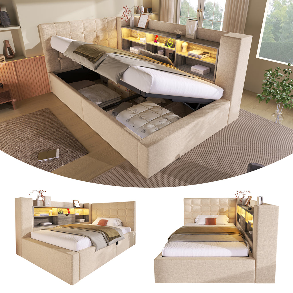 Daybed Upholstered Bed 90 x 190 cm, 3FT Single Sofa Bed with Hydraulic Storage, USB &Type-C Charging Station, Single Bed for Living Room and Bedroom, Linen, Beige (No Mattress)