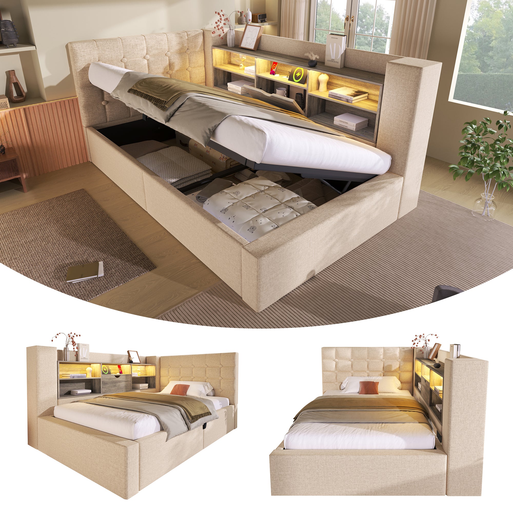 Daybed Upholstered Bed 90 x 190 cm, 3FT Single Sofa Bed with Hydraulic Storage, USB &Type-C Charging Station, Single Bed for Living Room and Bedroom, Linen, Beige (No Mattress)