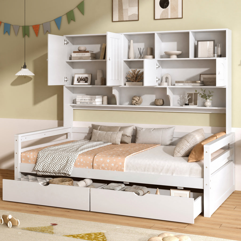 3ft Single Bed with Two Storage Drawers and Bookcase headboard, Wooden Bed Frame with Storage and Guardrail, Space-Saving Design for Bedroom, Dorm and Study Room, White (No Mattress)