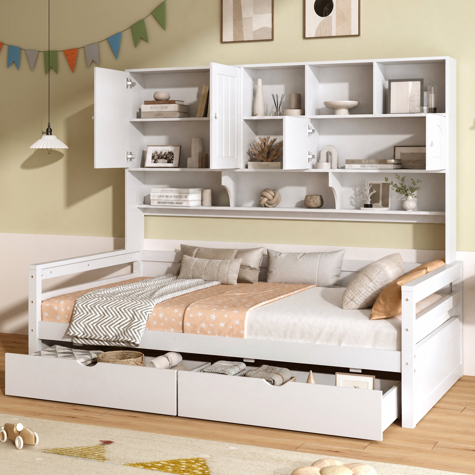 3ft Single Bed with Two Storage Drawers and Bookcase headboard, Wooden Bed Frame with Storage and Guardrail, Space-Saving Design for Bedroom, Dorm and Study Room, White (No Mattress)