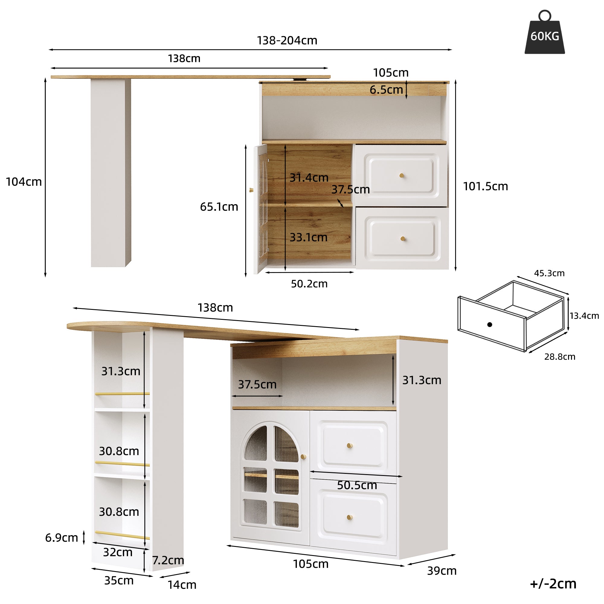 Rotating sideboard, suitable for bedrooms, living rooms, dining rooms, 2 drawers, snack shelf, open storage compartment, rotating sideboard cabinet with shelves and curved glass, white