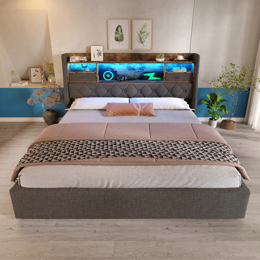 Upholstered Bed 6ft Hydraulic Bed with LED Lighting, USB Type-C Charging, Storage Headboard for Cellphones & Tablets, 180 x 200 cm Super King Bed with Metal Slatted Frame, Linen, Grey (No Mattress)