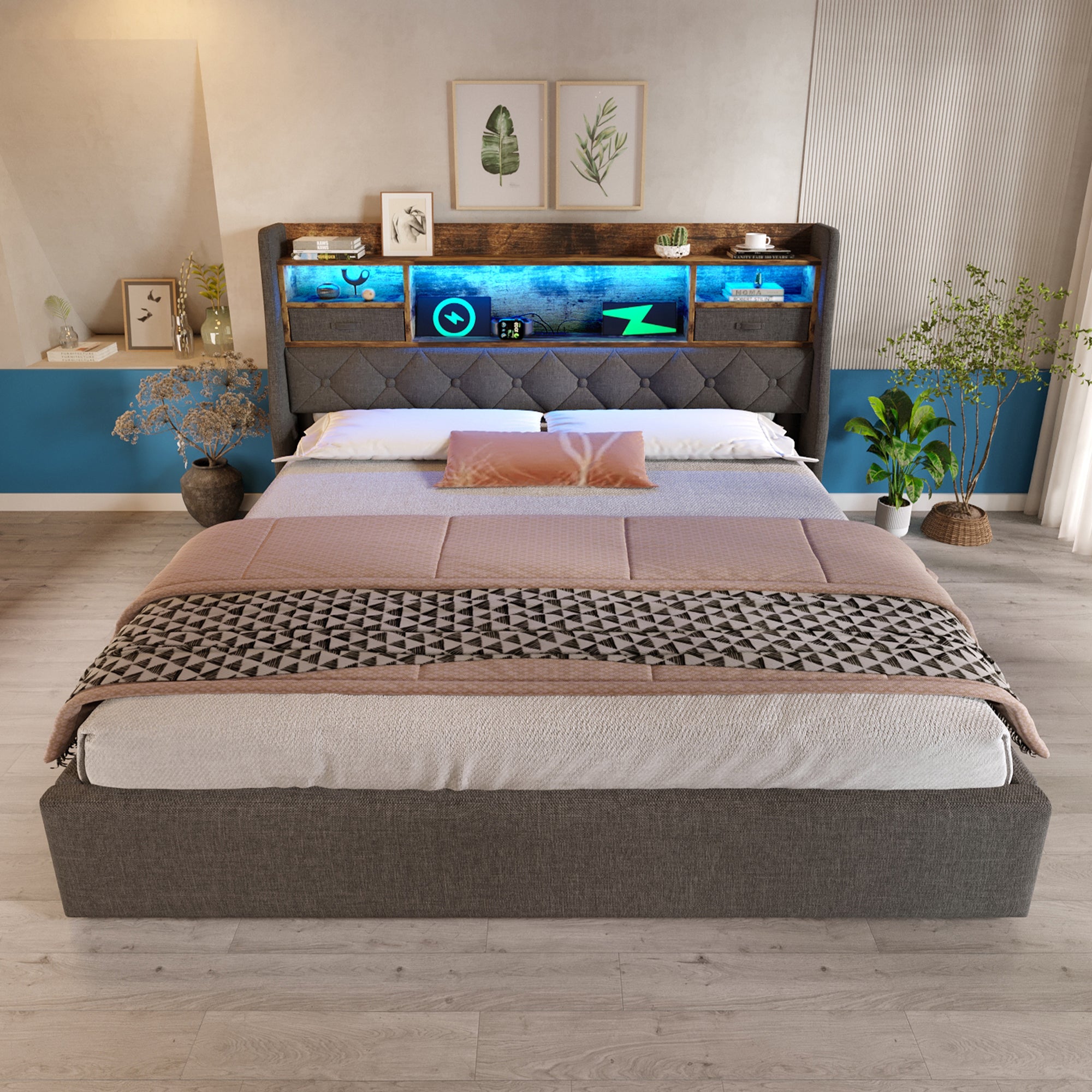 Upholstered Bed 6ft Hydraulic Bed with LED Lighting, USB Type-C Charging, Storage Headboard for Cellphones & Tablets, 180 x 200 cm Super King Bed with Metal Slatted Frame, Linen, Grey (No Mattress)
