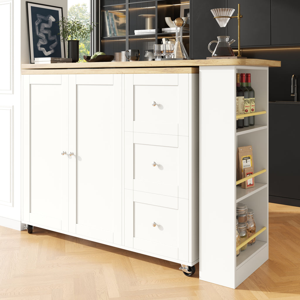 360° swivelling dining table (138-209 x 39 x 106 cm) on castors, bar table, white, with three drawers and snack rack, multifunctional storage island, suitable for kitchen and living room.