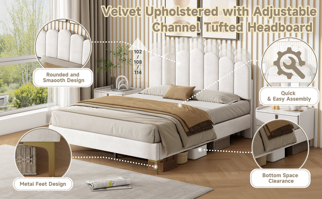3ft Single  Premium Velvet Upholstered Bed Frame with Scalloped Channel Tufted Design, Height Adjustable Headboard & Gold Metal Feet, Under-bed Storage Space, No Box Spring Needed, Beige (No Mattress)