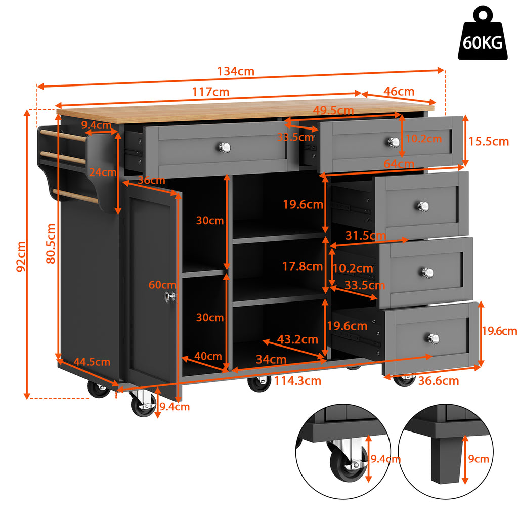 Dining trolley (134 x 46 x 92 cm), modern and simple black dining trolley, drawer-storage cabinet combination, mobile and fixed dual-use design, suitable for home kitchens, black