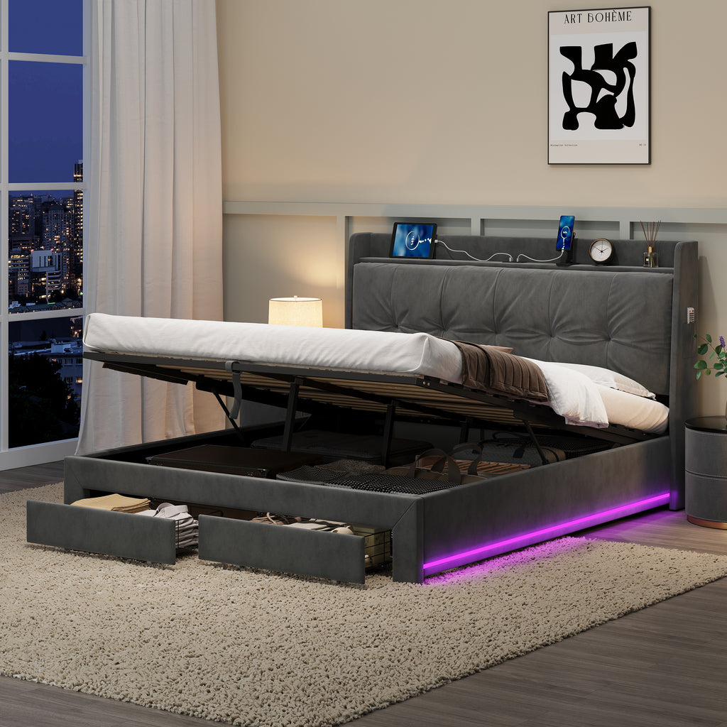 5ft King Upholstered Bed Frame with Hydraulic and Drawers Storage, Back Cushion Headboard with Charging Station,  Velvet Ottoman Hydraulic Bed with RGB LED Lighting, Grey (No Mattress)