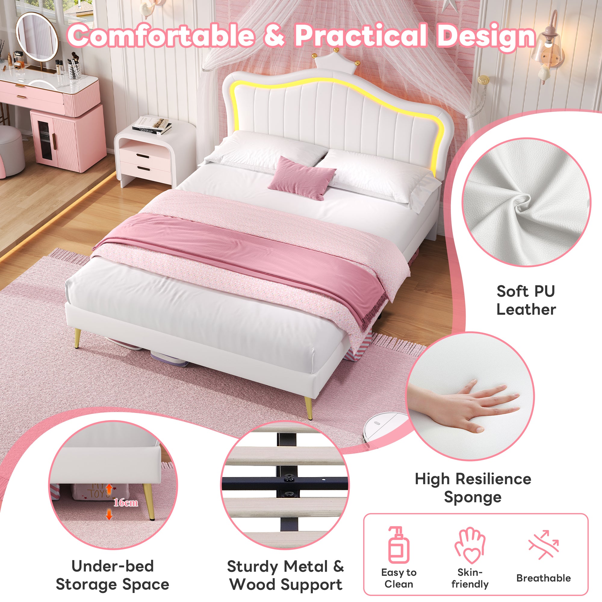 4ft6 Double Upholstered Bed with LED Adjustable Crown Shape Headboard, PU Leather Bed Frame with Solid Wood Slat, No Box Spring Needed, Easy Assembly, Cream White (No Mattress)