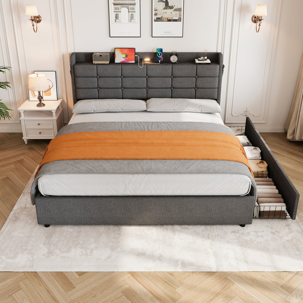 5ft King Bed Frame with Hydraulic Storage, Linen Upholstered  Bed with Concealed Headboard Storage and Drawers, Button Tufted Headboard with Charging Station and LED Night Light, Grey (No Mattress)