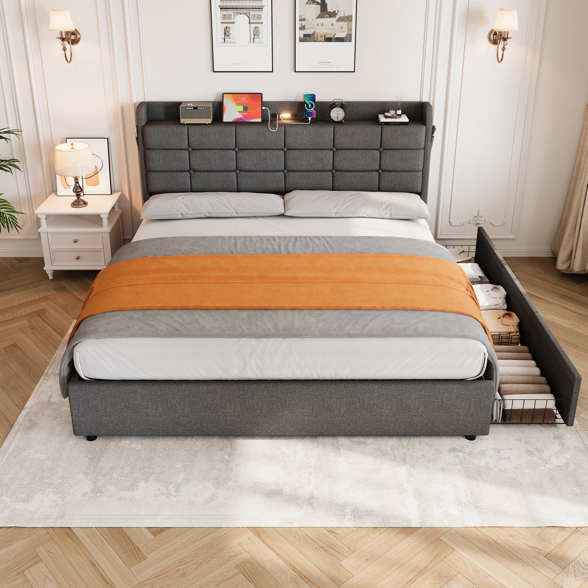 5ft King Bed Frame with Hydraulic Storage, Linen Upholstered  Bed with Concealed Headboard Storage and Drawers, Button Tufted Headboard with Charging Station and LED Night Light, Grey (No Mattress)
