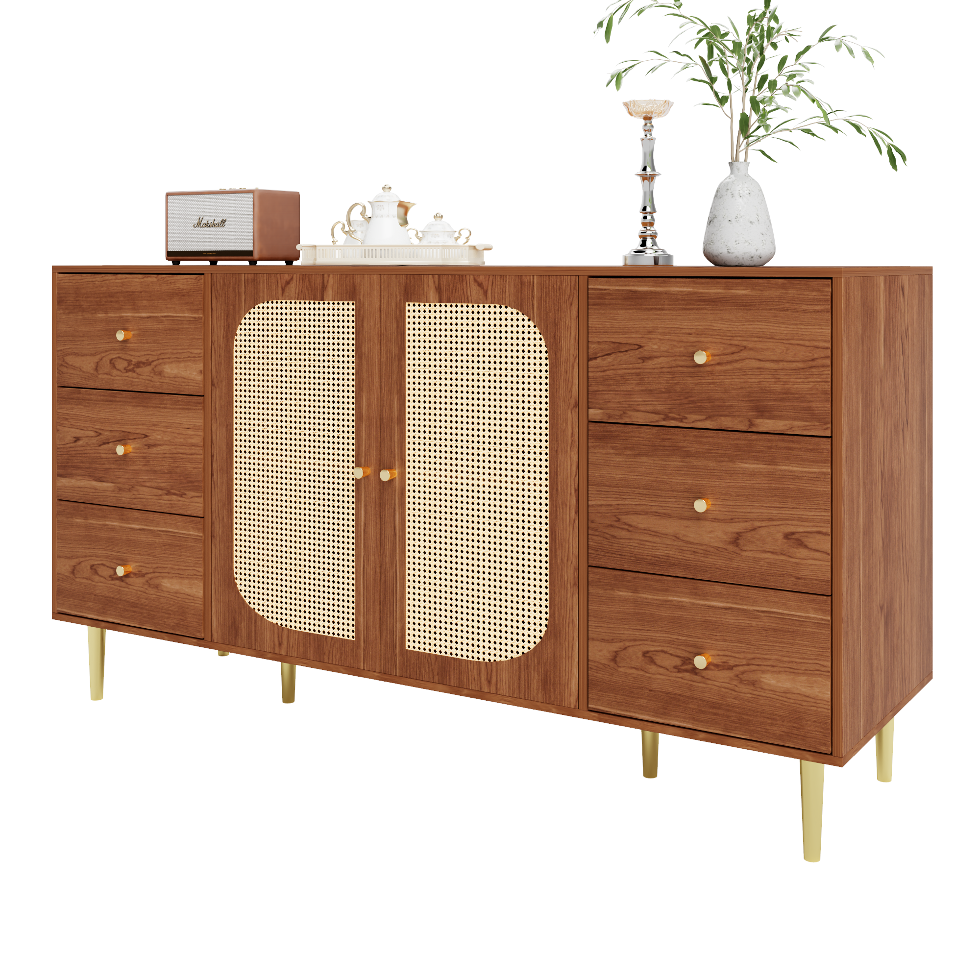 Modern sideboard 160*40*90cm, rattan door design, with 6 drawers, wooden texture, gold metal legs, dining room living room storage cabinet