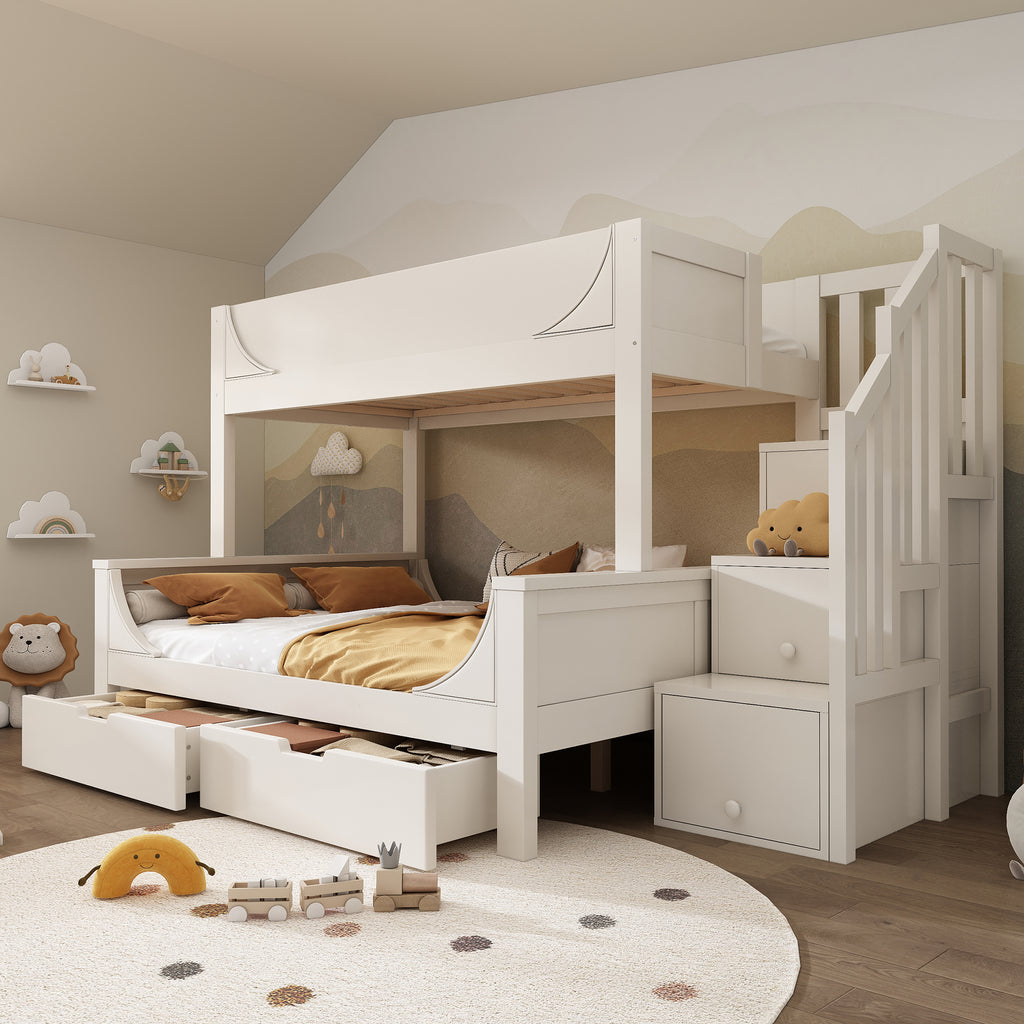 Bunk Beds for Kids, Staircase Bunk with Drawers and Storage, Children's Bed with Storage Unit, Double Bunk Bed for Family with Multiple Children, (90+135) x 190 cm, Solid Wood, White