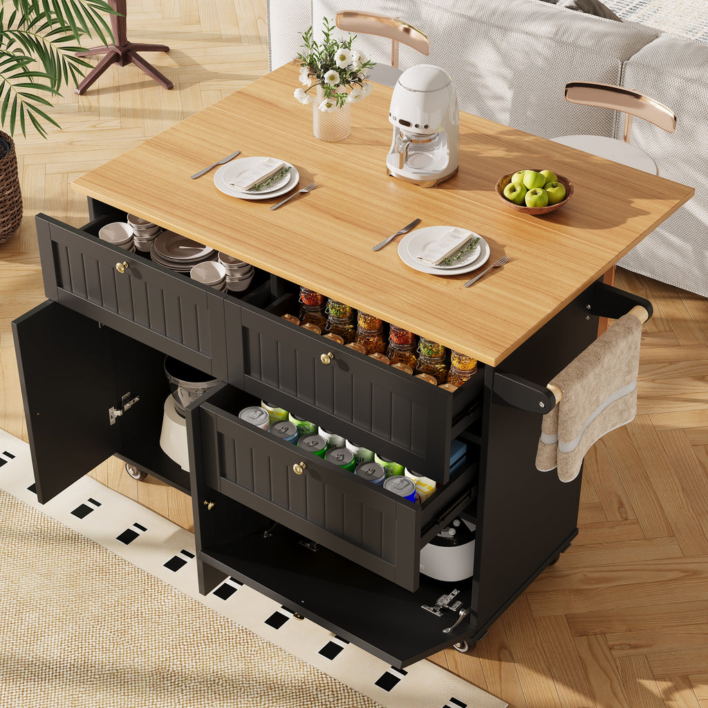 Rolling Mobile Kitchen Island, Table on Wheels with Drawer and Storage Cabinet, Portable Kitchen Island Cart with Drop Leaf, Breakfast Bar, Towel Rack, Black
