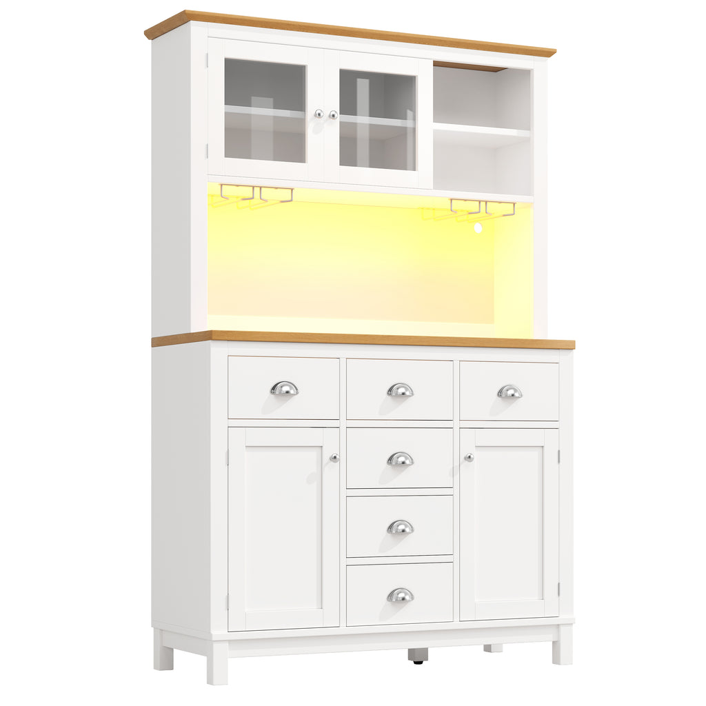 Sideboard / Storage Cabinet / Kitchen Cabinet / Buffet Cabinet, 104x40x180cm, Farmhouse Style, 5 Doors, with LED Light Strip & Drink Holders, Green/White