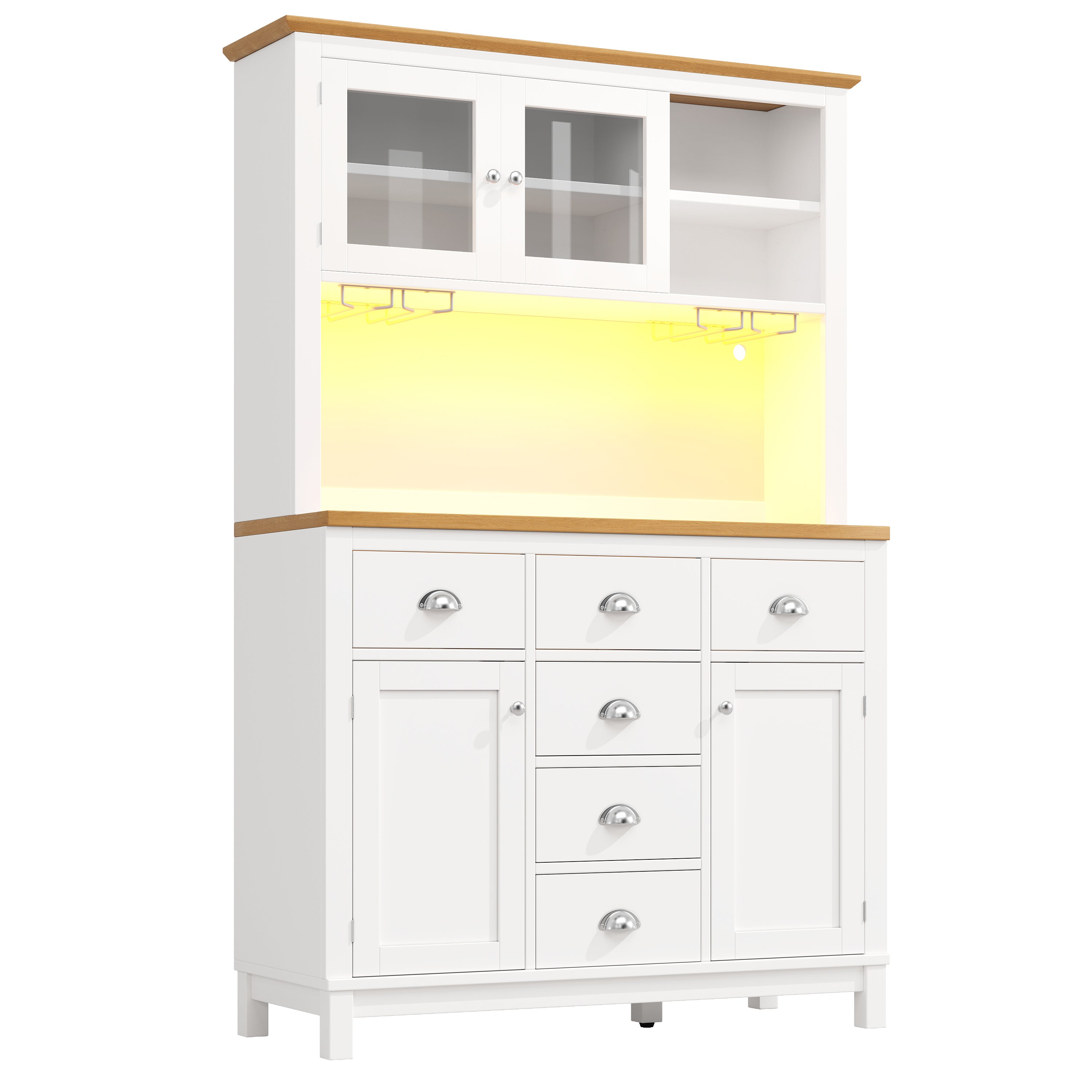 Sideboard / Storage Cabinet / Kitchen Cabinet / Buffet Cabinet, 104x40x180cm, Farmhouse Style, 5 Doors, with LED Light Strip & Drink Holders, Green/White