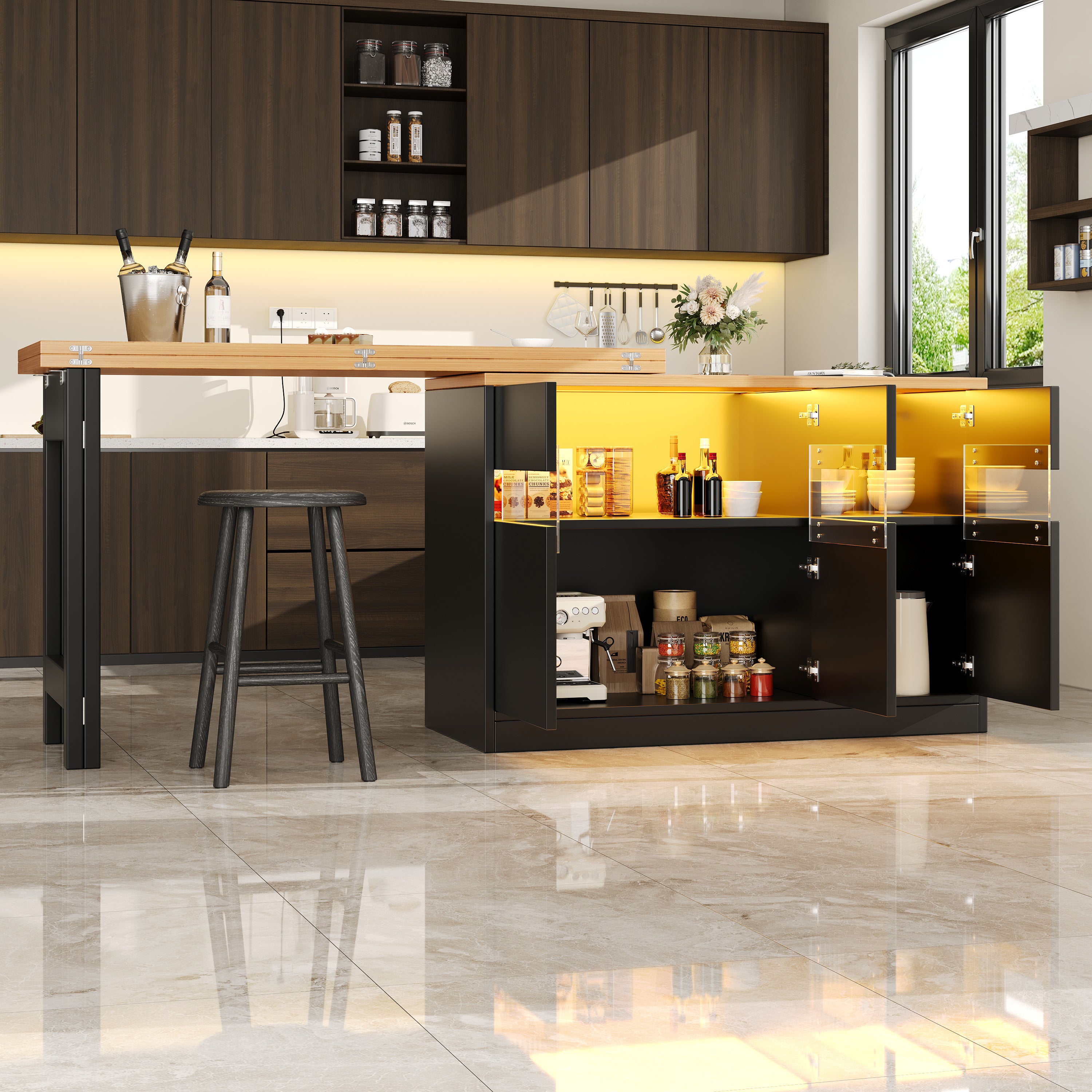 Extendable bar table with LED lighting and 360° swivel function, adjustable length 120-180 cm, modern kitchen island table with storage space, for living room, dining room, home office