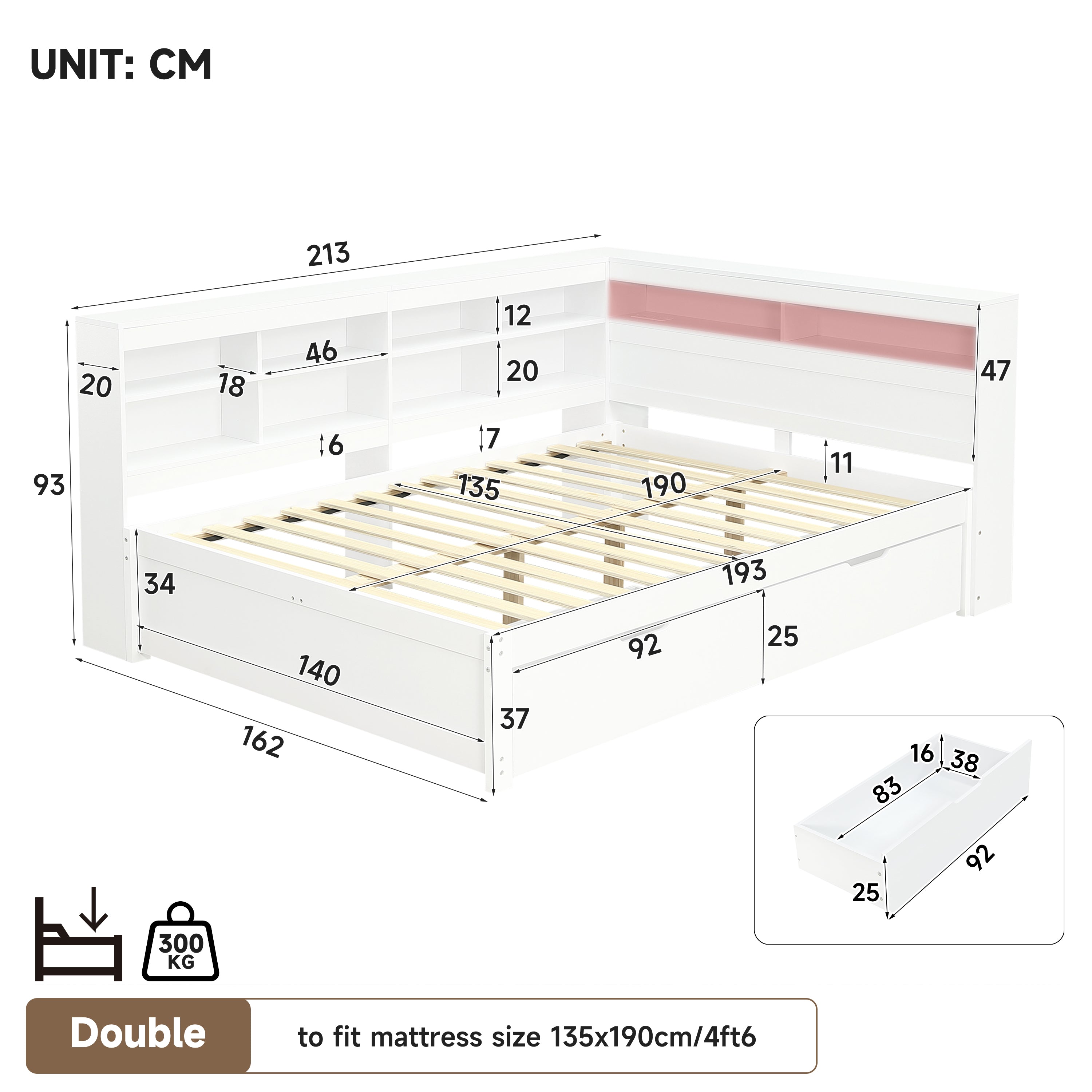 4ft6 Double Daybed with Two Storage Drawers and Beside Storage, LED Modern Bed frame with Charging Station, Wood Bed for Living Room/ Bedroom/ Study Room, 135X190cm, Easy Assembly, White (No Mattress)
