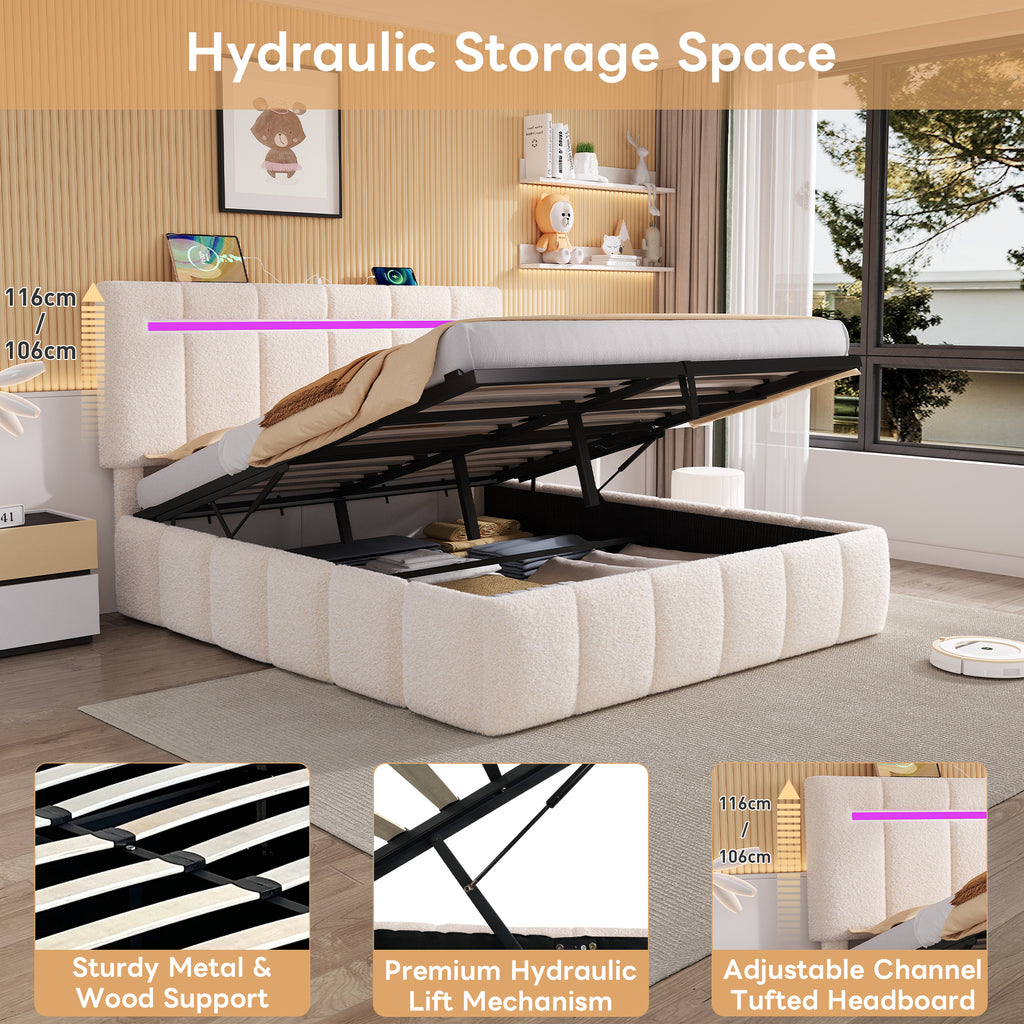 4ft6 Double Upholstered Bed Frame with Hydraulic Storage,  LED Channel Tufted Adjustable Headboard with Charging Station, USB and Type - C Ports, Boucle Fabric, Beige (No Mattress)